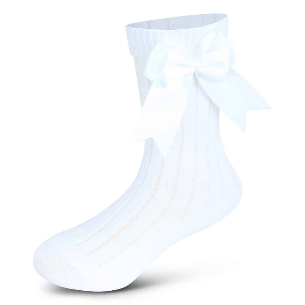 Girls Ribbed Knee-High Bow Socks White