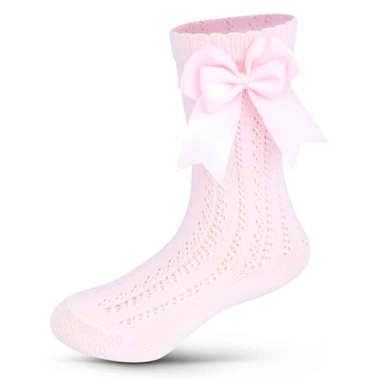 Girls Open Work Knee High Bow Socks Baby Pink