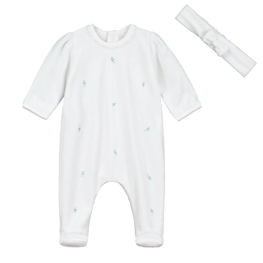 Esme Navy Rosebuds Velour Babygrow