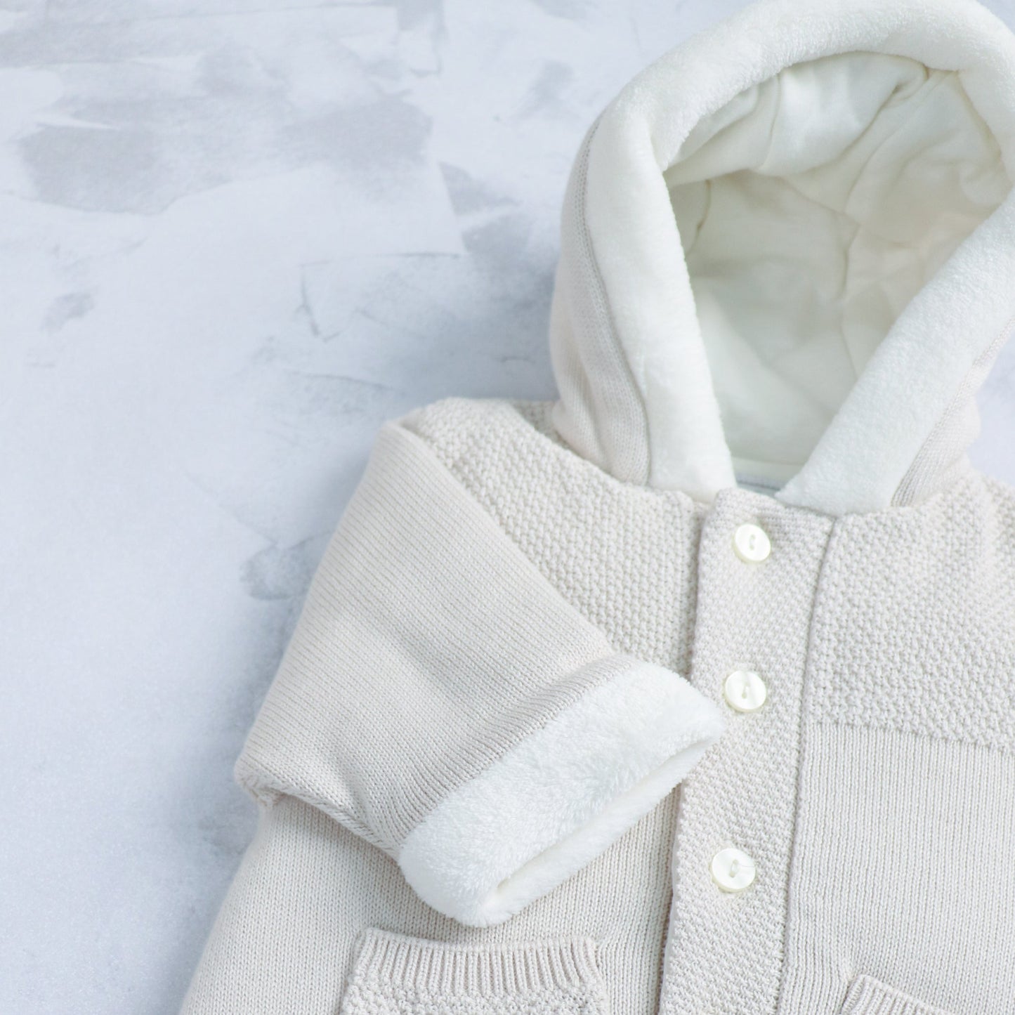 Kane Unisex Stone Knitted Pramsuit With Fur Trim