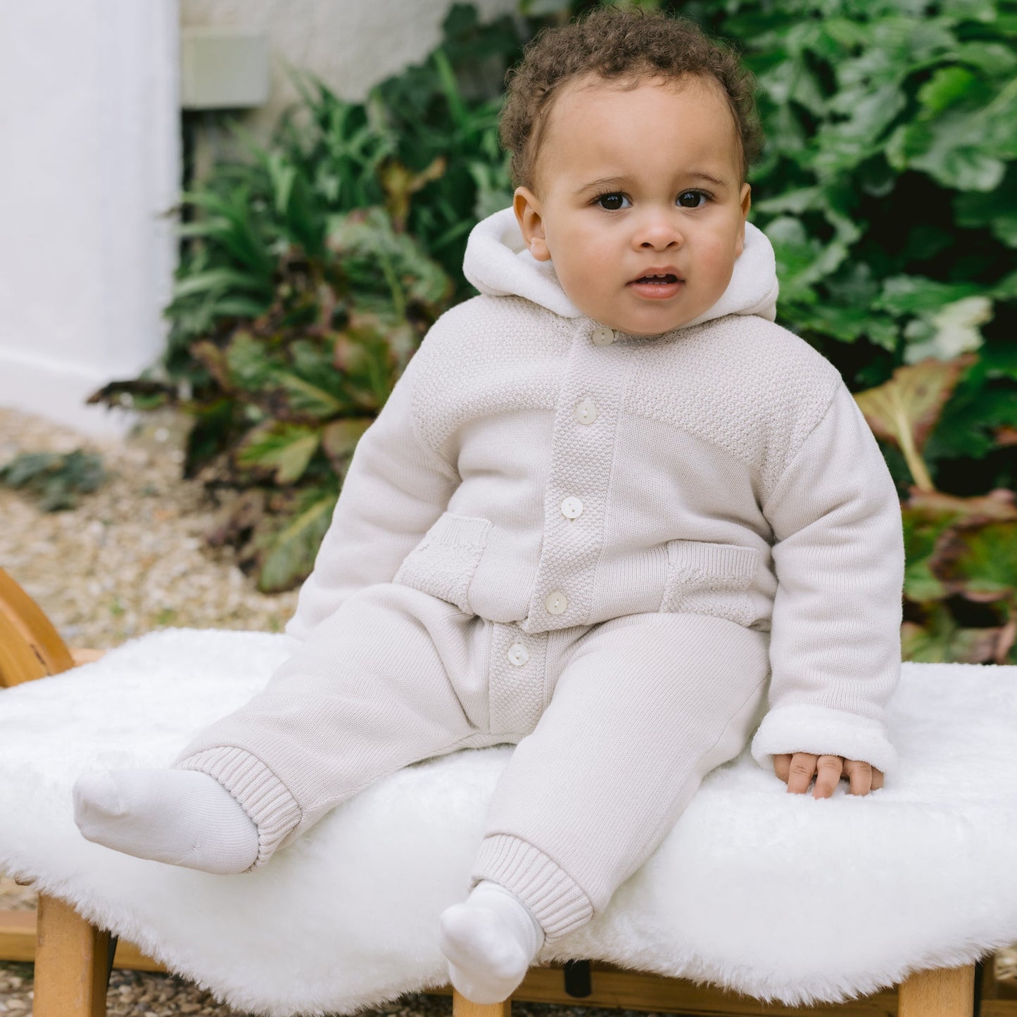 Kane Unisex Stone Knitted Pramsuit With Fur Trim
