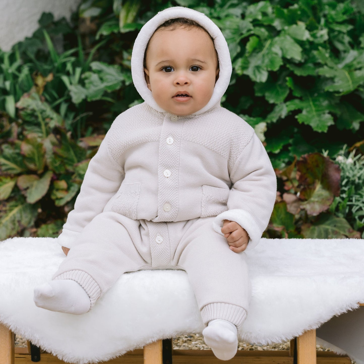Kane Unisex Stone Knitted Pramsuit With Fur Trim