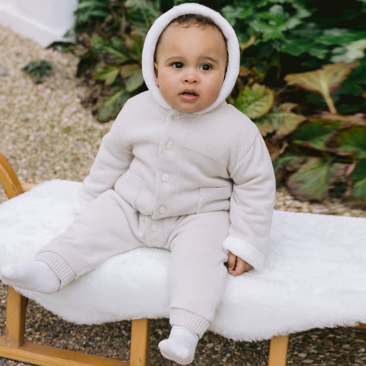 Kane Unisex Stone Knitted Pramsuit With Fur Trim