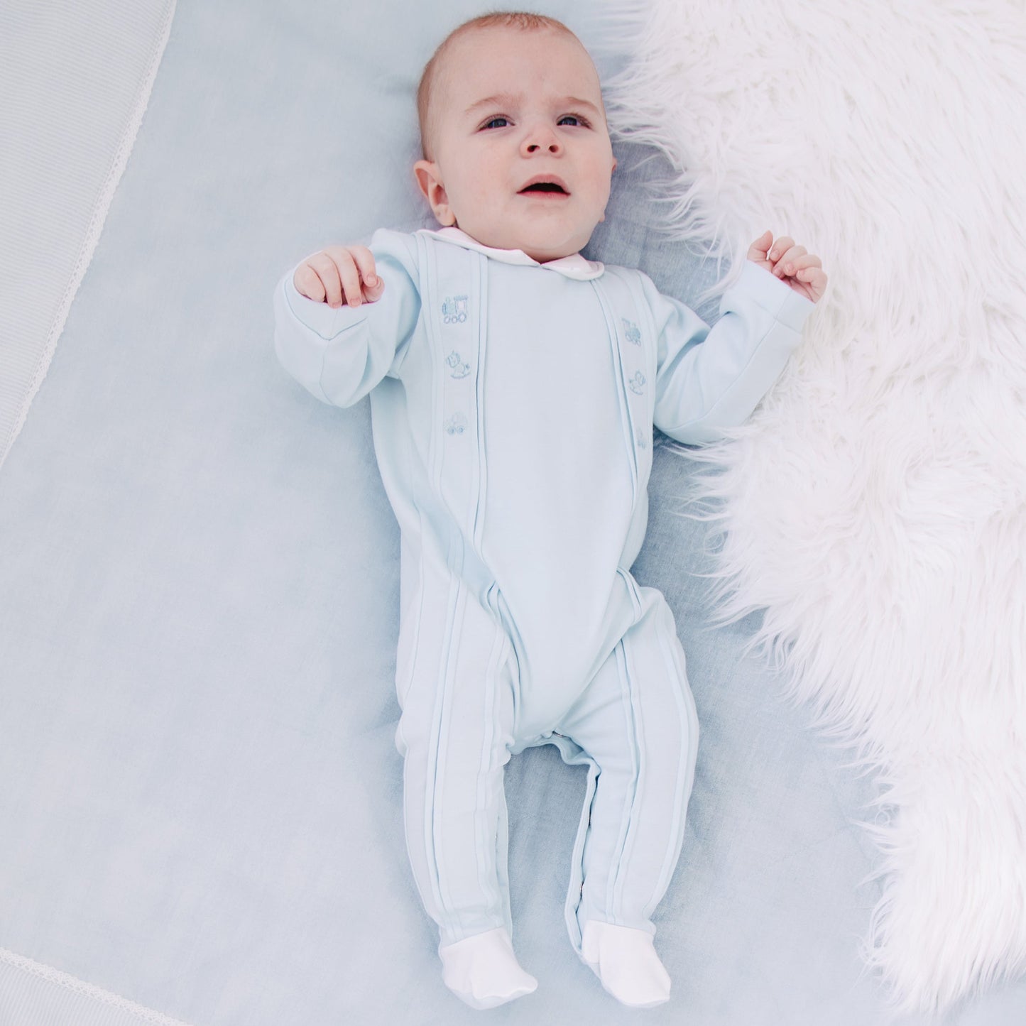 Lewis Boys Blue Toy Embroidery Babygrow