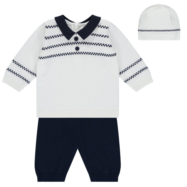Declan Navy Knit Baby Boys Trouser Set with Hat