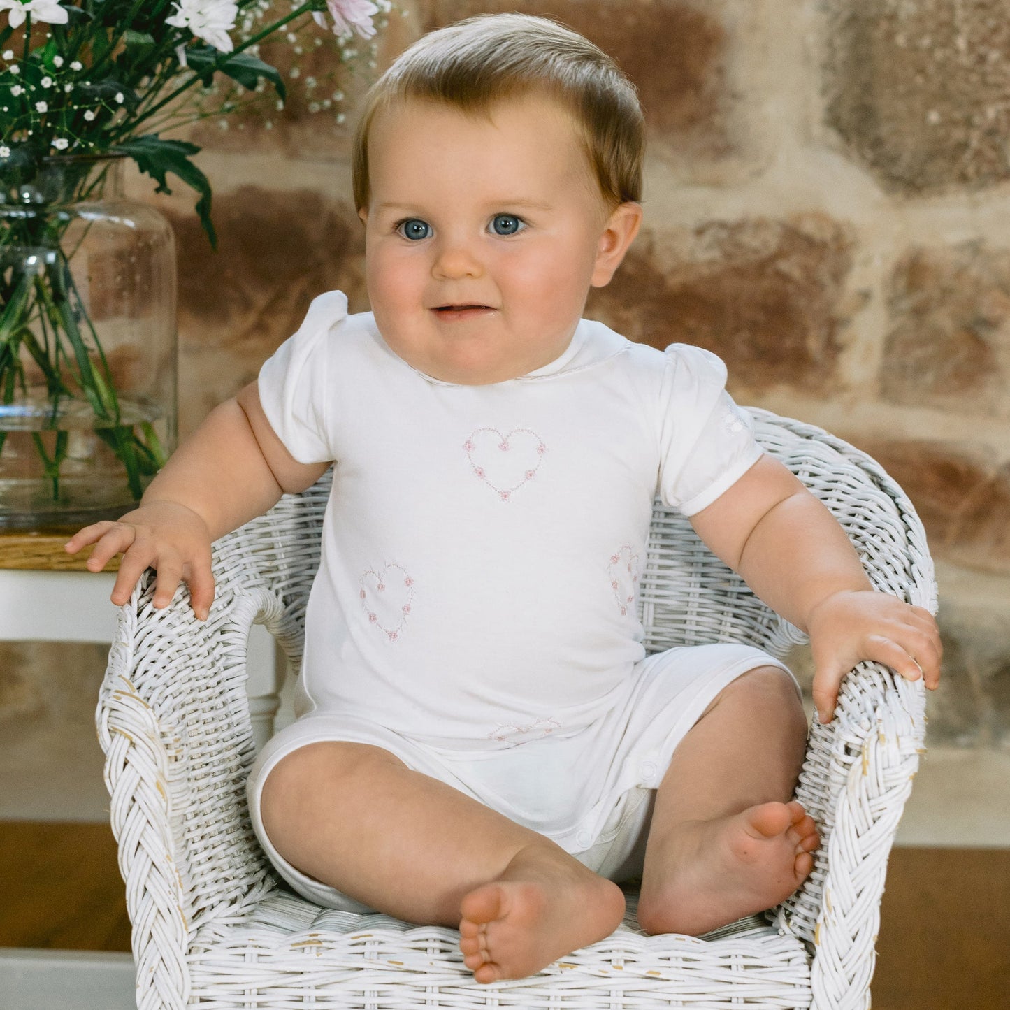 Jody White Girls Heart Embroidery Romper