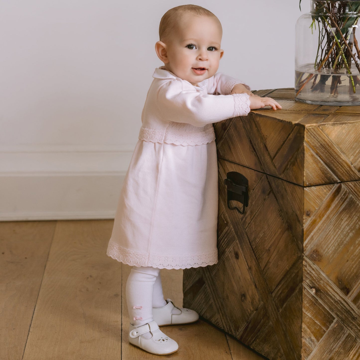 Kristina Pink Cotton Knitted Dress with Bow Tights