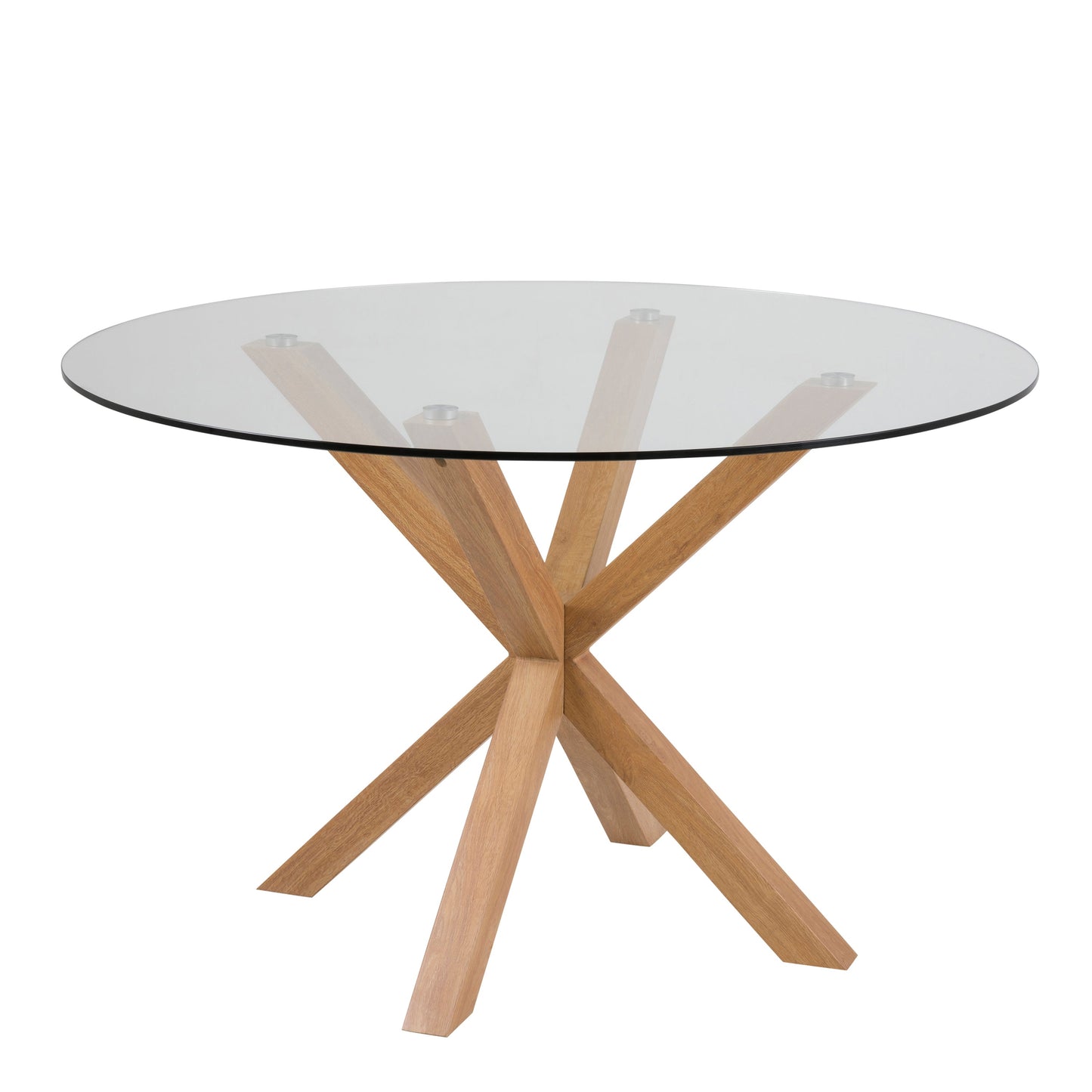 Meridian Round Dining Table with Glass Top and Oak Foil Metal Base