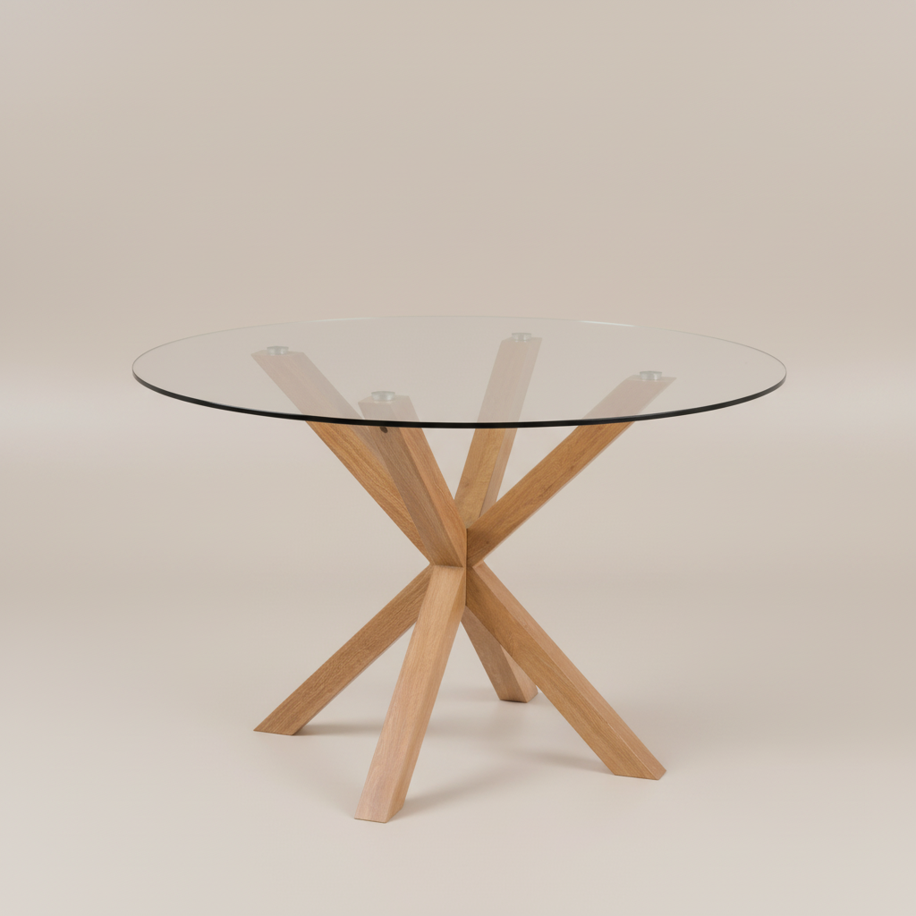 Meridian Round Dining Table with Glass Top and Oak Foil Metal Base