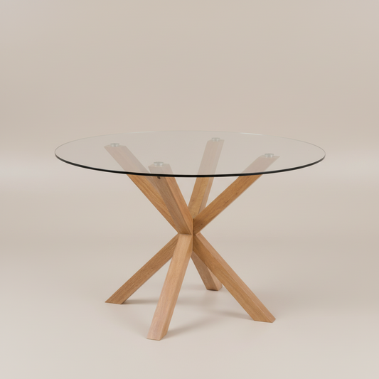 Meridian Round Dining Table with Glass Top and Oak Foil Metal Base