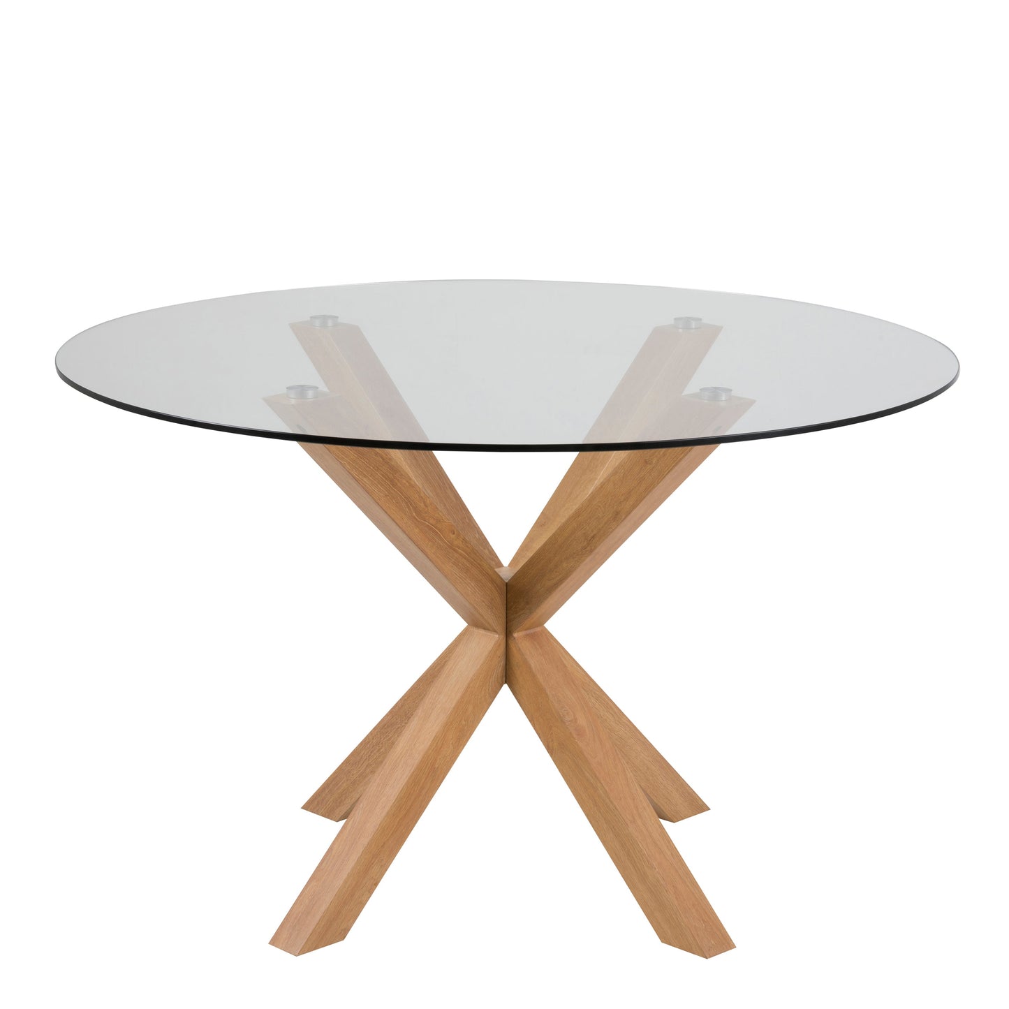 Meridian Round Dining Table with Glass Top and Oak Foil Metal Base