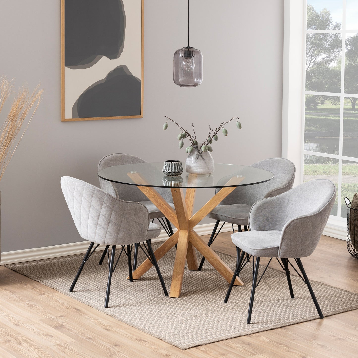 Meridian Round Dining Table with Glass Top and Oak Foil Metal Base