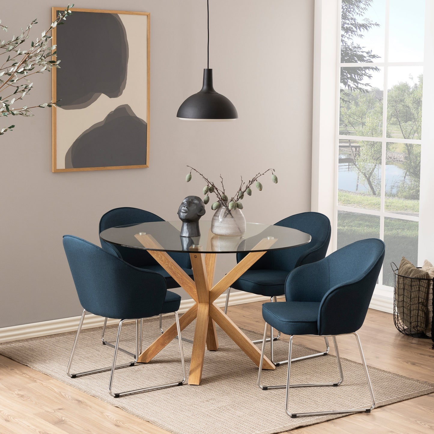 Meridian Round Dining Table with Glass Top and Oak Foil Metal Base