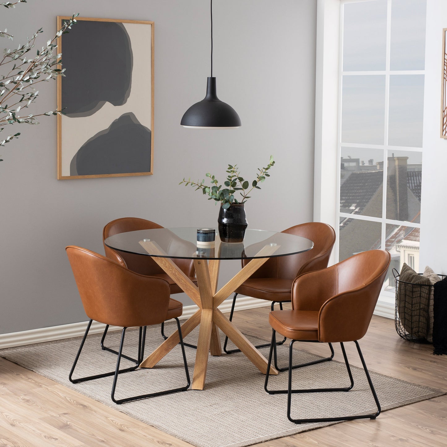 Meridian Round Dining Table with Glass Top and Oak Foil Metal Base