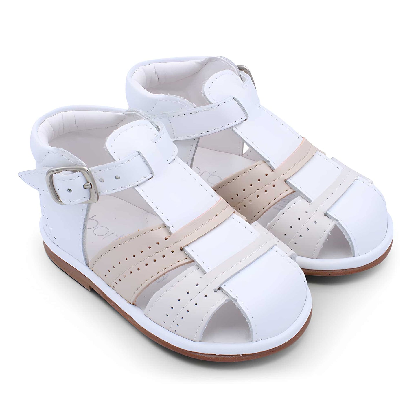'Augusto' Boys White Leather with Beige & Nude T-Bar Sandals