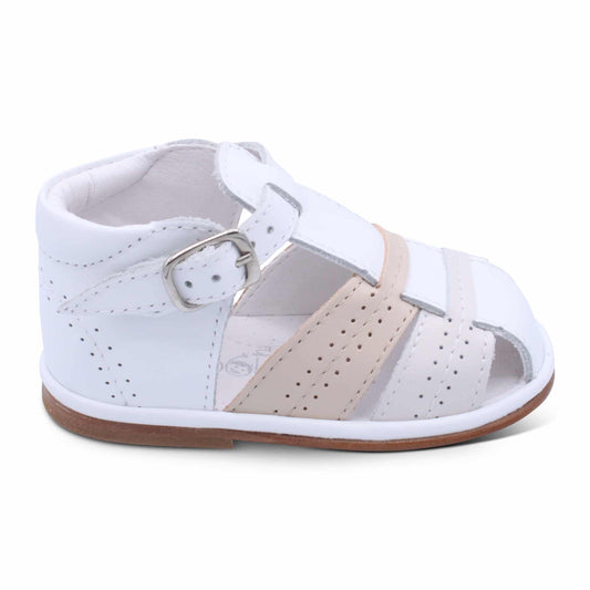 'Augusto' Boys White Leather with Beige & Nude T-Bar Sandals