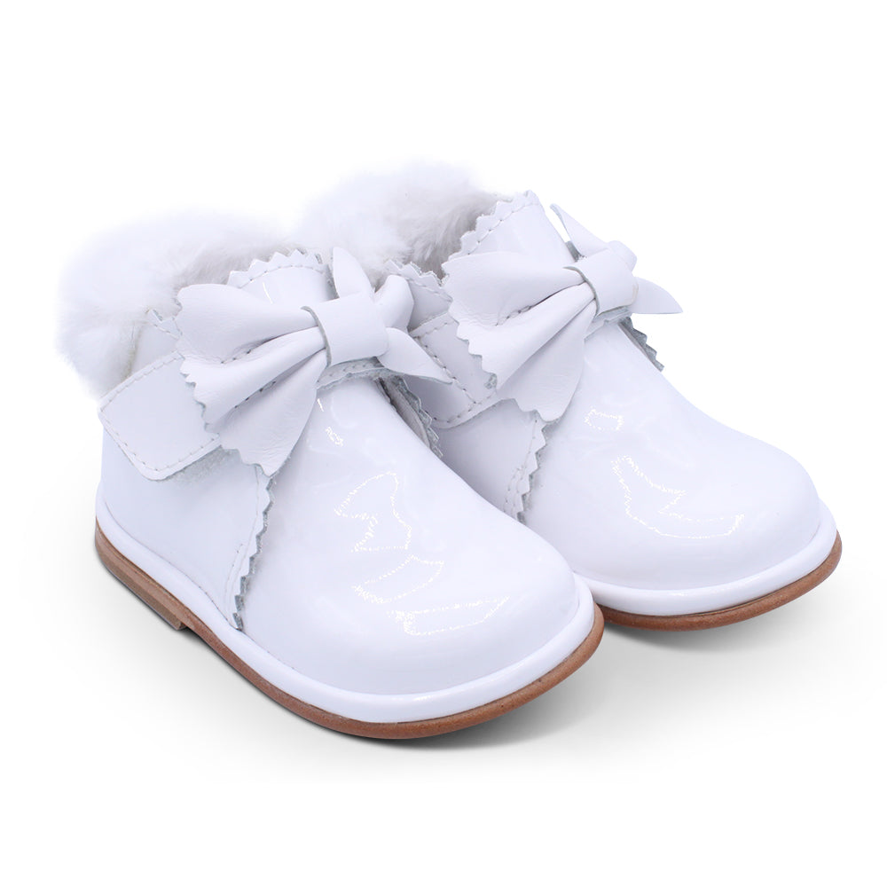 'Shania' Girls White Patent Fur Trim Velcro Boots
