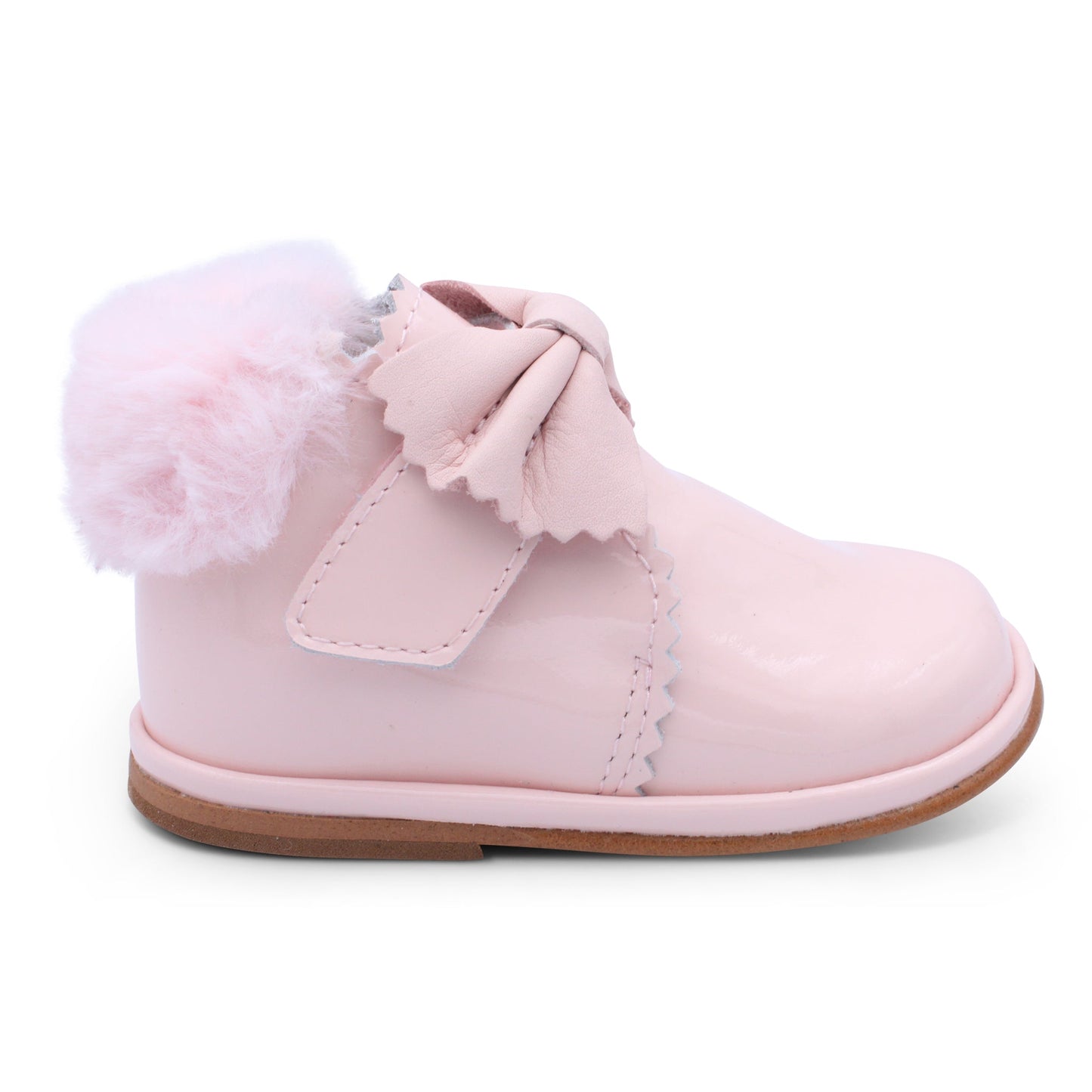 'Shania' Girls Pale Pink Patent Fur Trim Velcro Boots